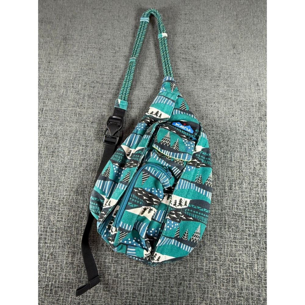 KAVU Rope Bag Teal Mountain Tree Print Canvas Sling Backpack Crossbody
